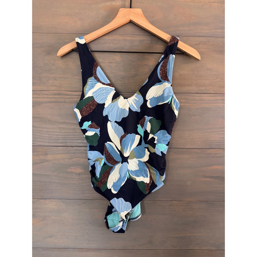 Athleta Seychelles One Piece Swimsuit Hero Bloom Blue Floral V-Neck Small - Picture 3 of 5
